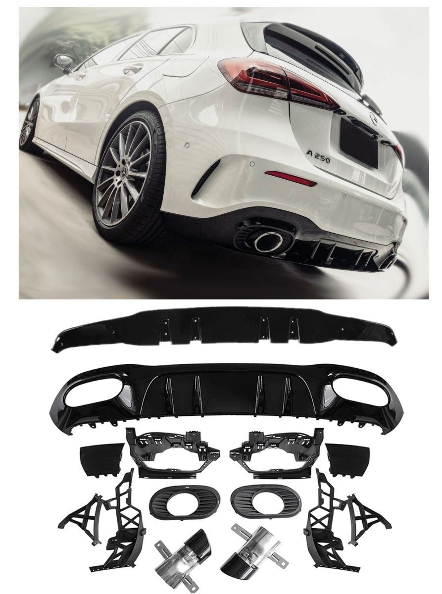 Rear spoiler diffuser & exhaust trims 2x1 for Mercedes W177 A35 AMG Look